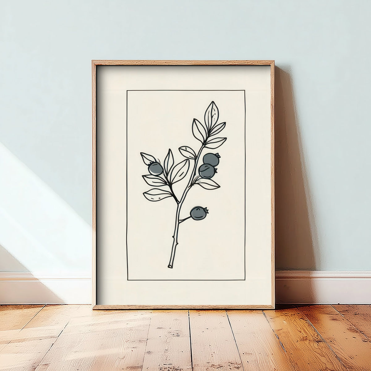 Blueberry Sprig Kitchen Poster - Slate Blue Fruit Ink Drawing - Bordered Botanical Art Print V4 3/3