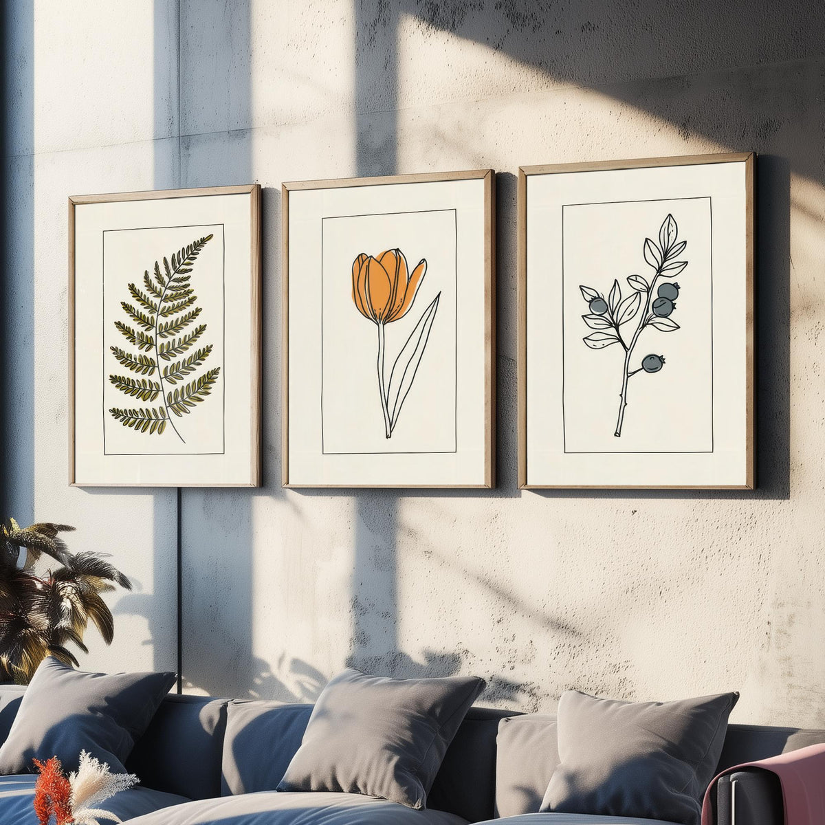 Minimalist Botanical Set of Three Art Prints - Olive Fern, Tulip, Blueberries - Bordered Line Drawing Poster V4
