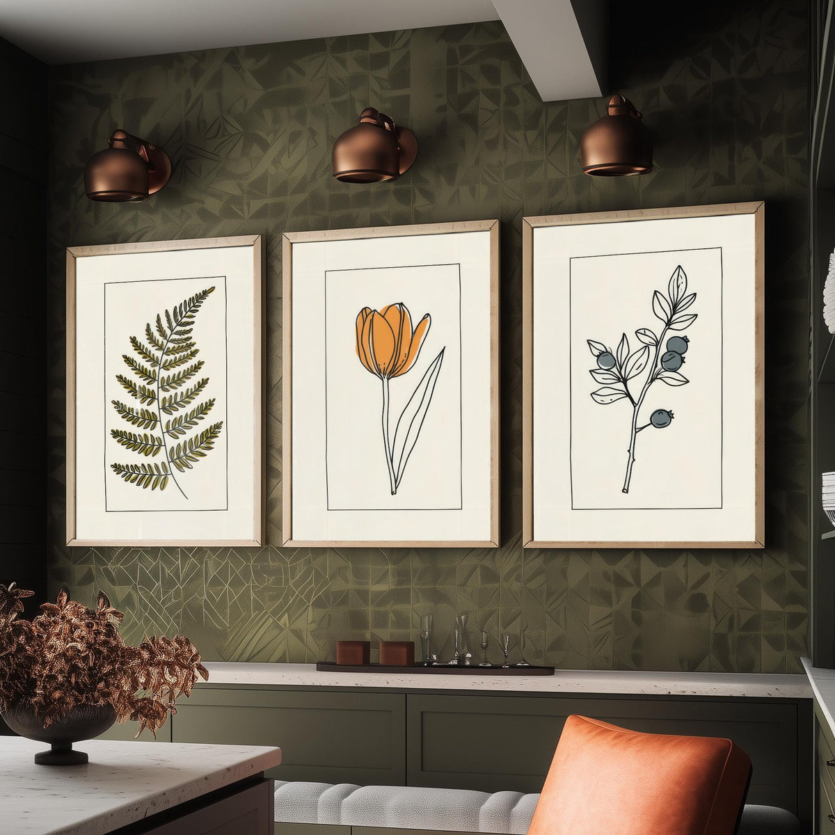 Minimalist Botanical Set of Three Art Prints - Olive Fern, Tulip, Blueberries - Bordered Line Drawing Poster V4