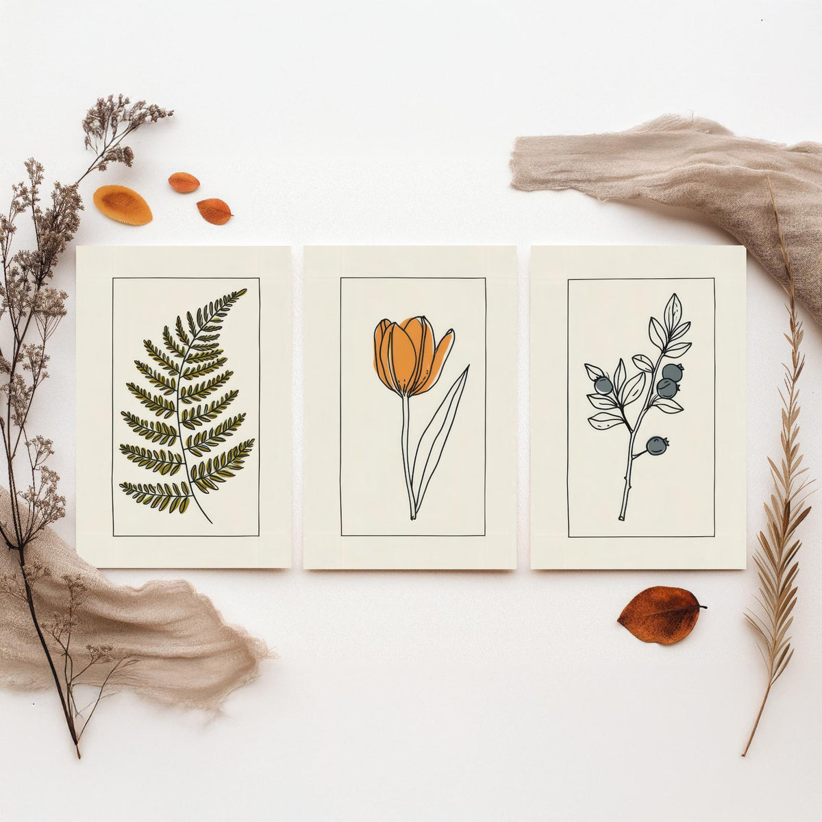 Minimalist Botanical Set of Three Art Prints - Olive Fern, Tulip, Blueberries - Bordered Line Drawing Poster V4
