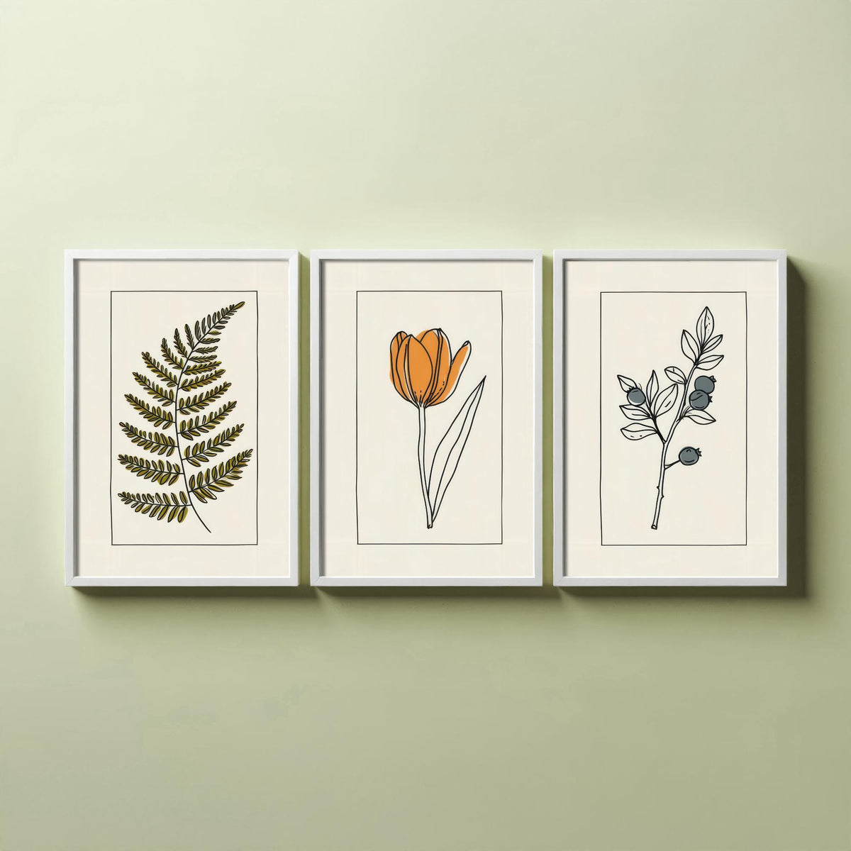 Minimalist Botanical Set of Three Art Prints - Olive Fern, Tulip, Blueberries - Bordered Line Drawing Poster V4