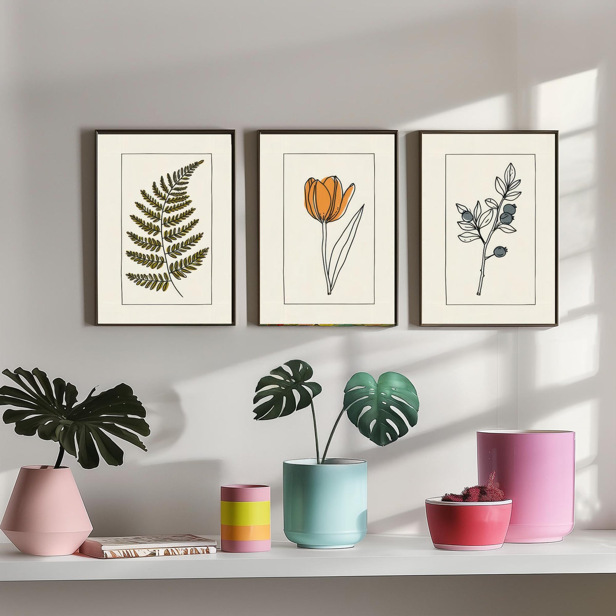 Minimalist Botanical Set of Three Art Prints - Olive Fern, Tulip, Blueberries - Bordered Line Drawing Poster V4