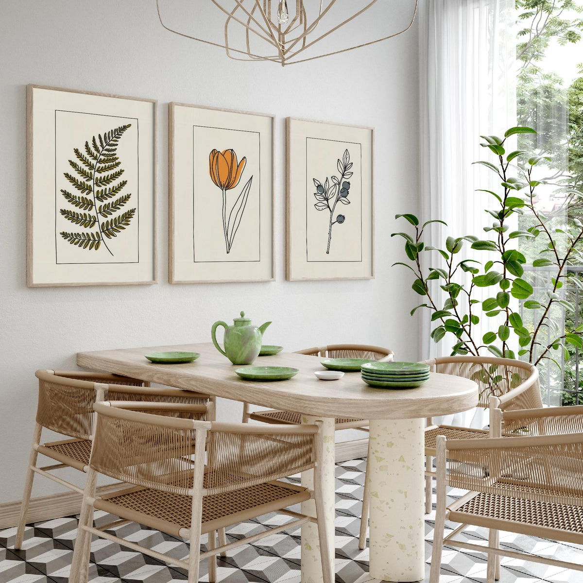 Minimalist Botanical Set of Three Art Prints - Olive Fern, Tulip, Blueberries - Bordered Line Drawing Poster V4