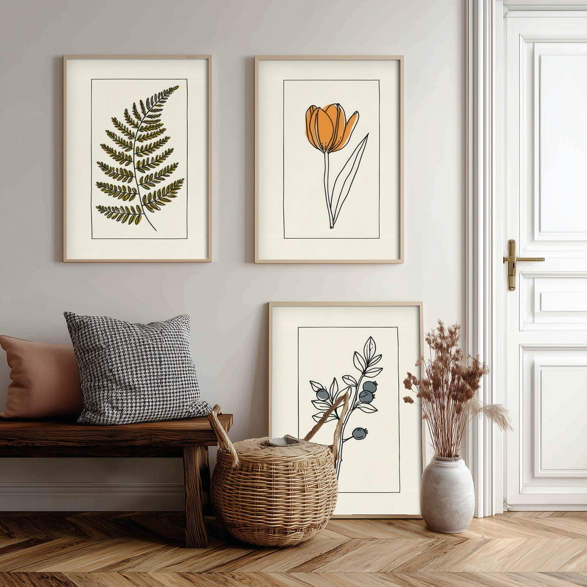 Minimalist Botanical Set of Three Art Prints - Olive Fern, Tulip, Blueberries - Bordered Line Drawing Poster V4