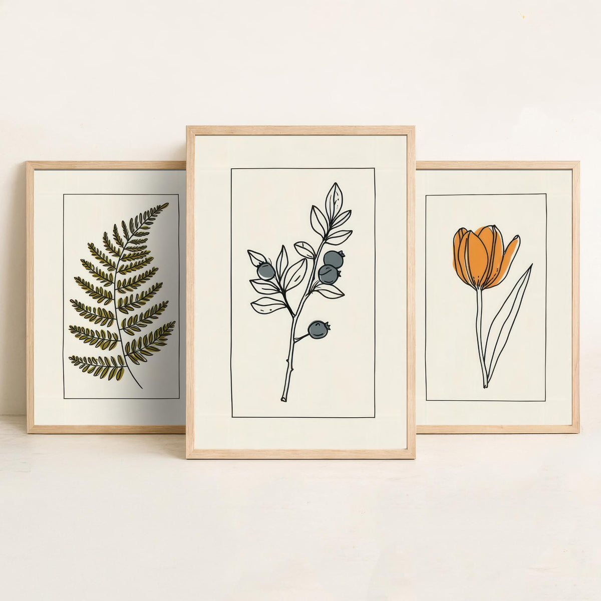 Minimalist Botanical Set of Three Art Prints - Olive Fern, Tulip, Blueberries - Bordered Line Drawing Poster V4