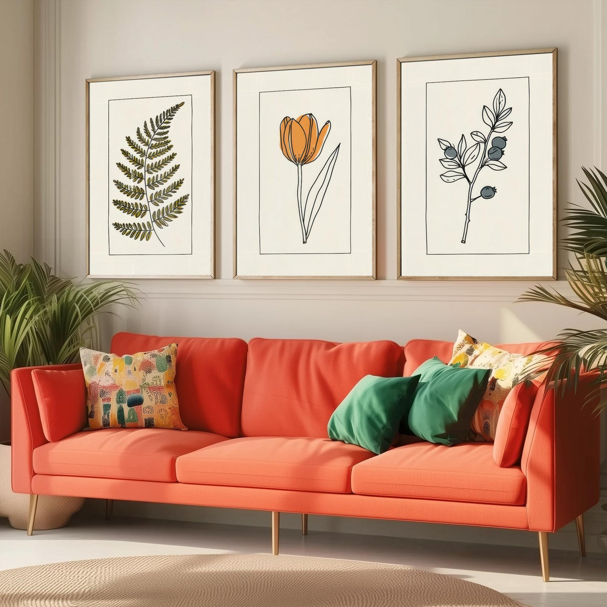 Minimalist Botanical Set of Three Art Prints - Olive Fern, Tulip, Blueberries - Bordered Line Drawing Poster V4