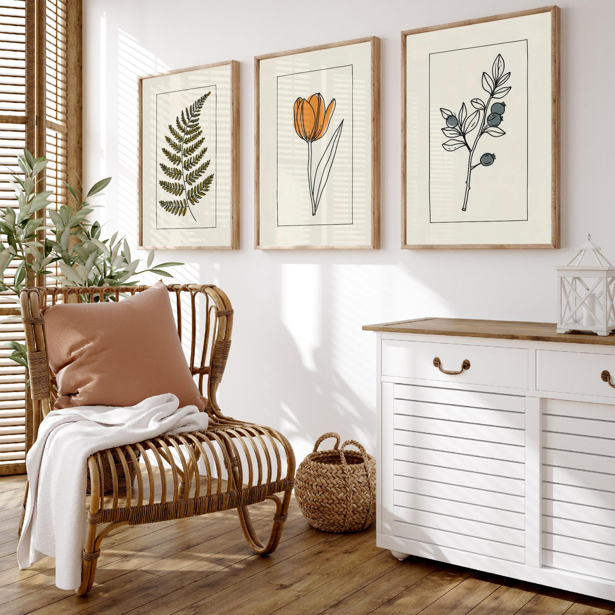 Minimalist Botanical Set of Three Art Prints - Olive Fern, Tulip, Blueberries - Bordered Line Drawing Poster V4
