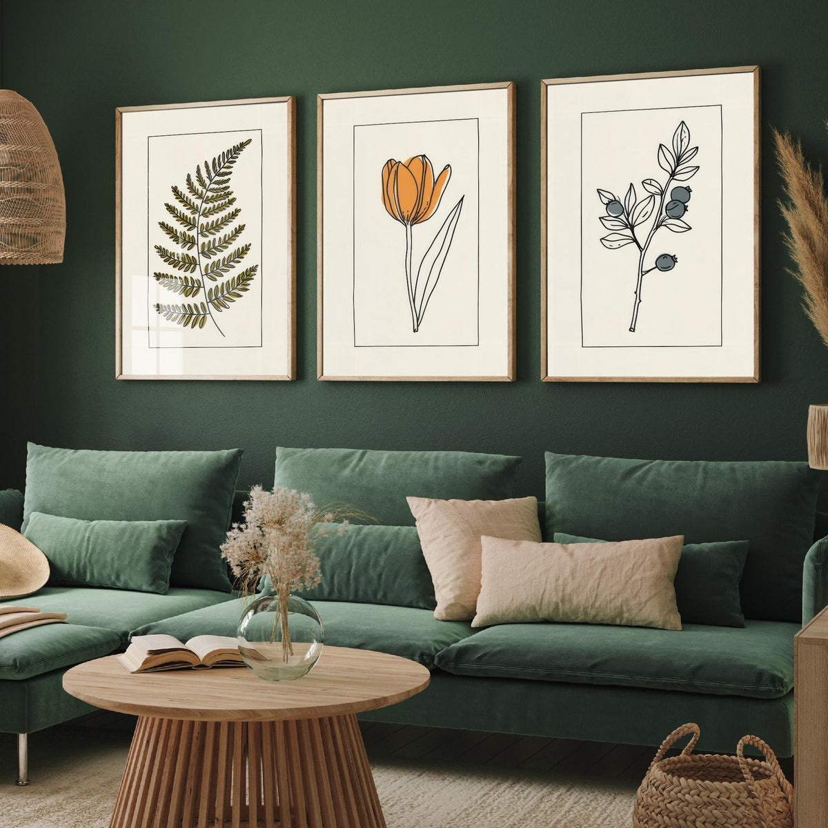 Minimalist Botanical Set of Three Art Prints - Olive Fern, Tulip, Blueberries - Bordered Line Drawing Poster V4