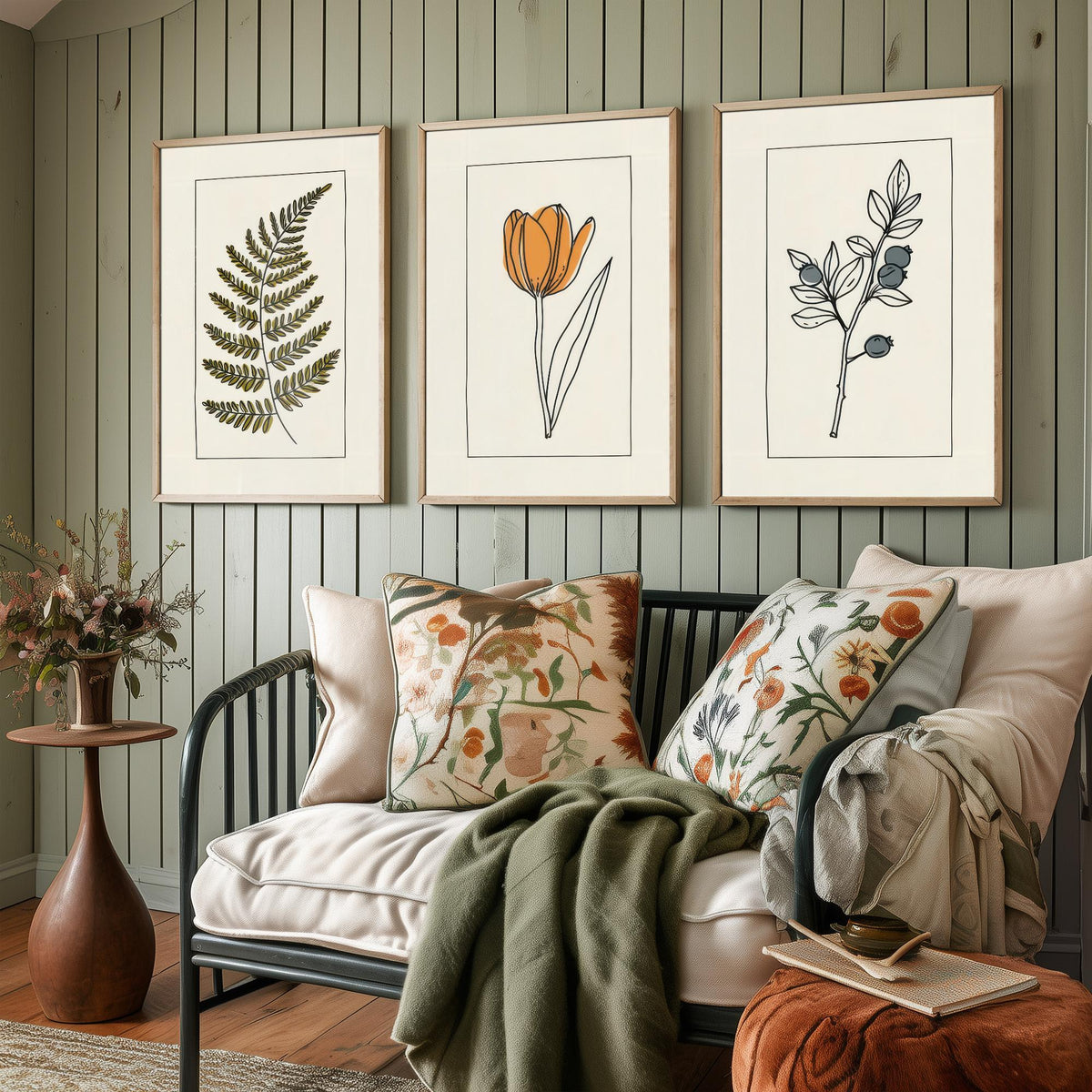 Minimalist Botanical Set of Three Art Prints - Olive Fern, Tulip, Blueberries - Bordered Line Drawing Poster V4