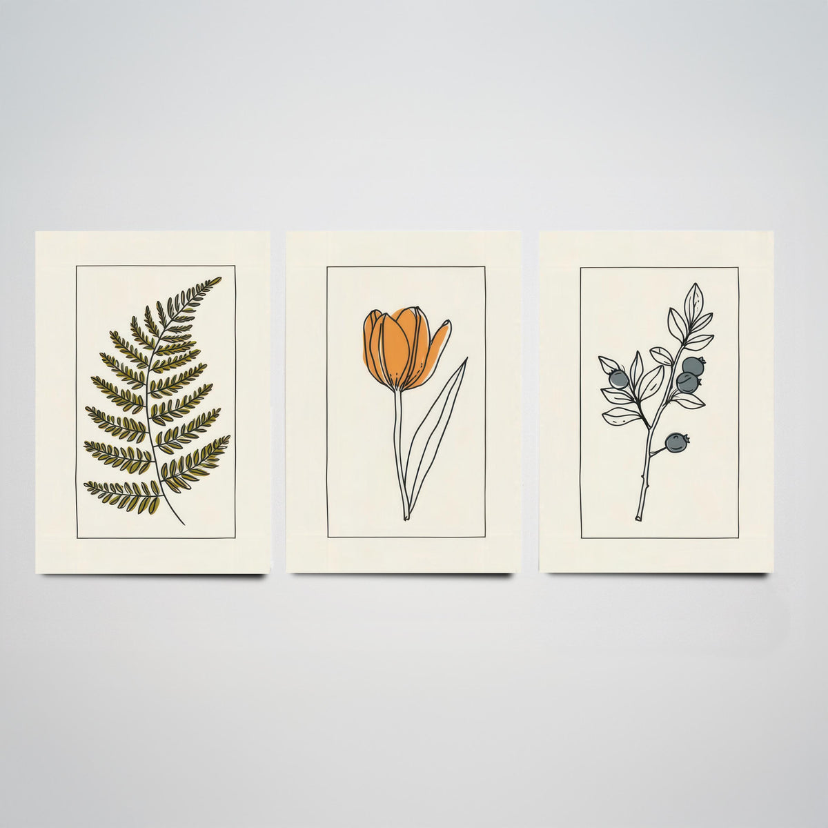 Minimalist Botanical Set of Three Art Prints - Olive Fern, Tulip, Blueberries - Bordered Line Drawing Poster V4