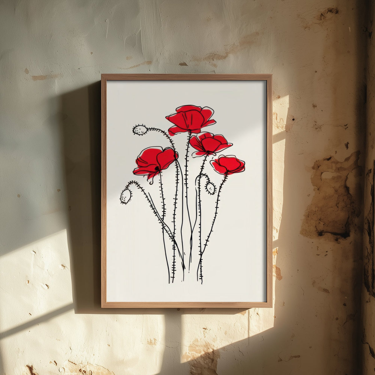 Red Poppy Art Print - Wildflower Line Drawing Poster - Remembrance Botanical Decor V1 1/3