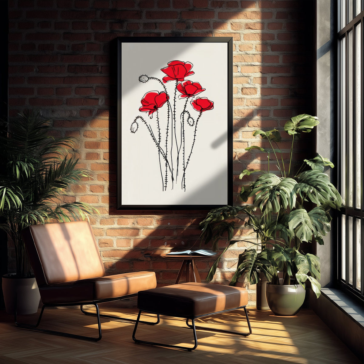 Red Poppy Art Print - Wildflower Line Drawing Poster - Remembrance Botanical Decor V1 1/3