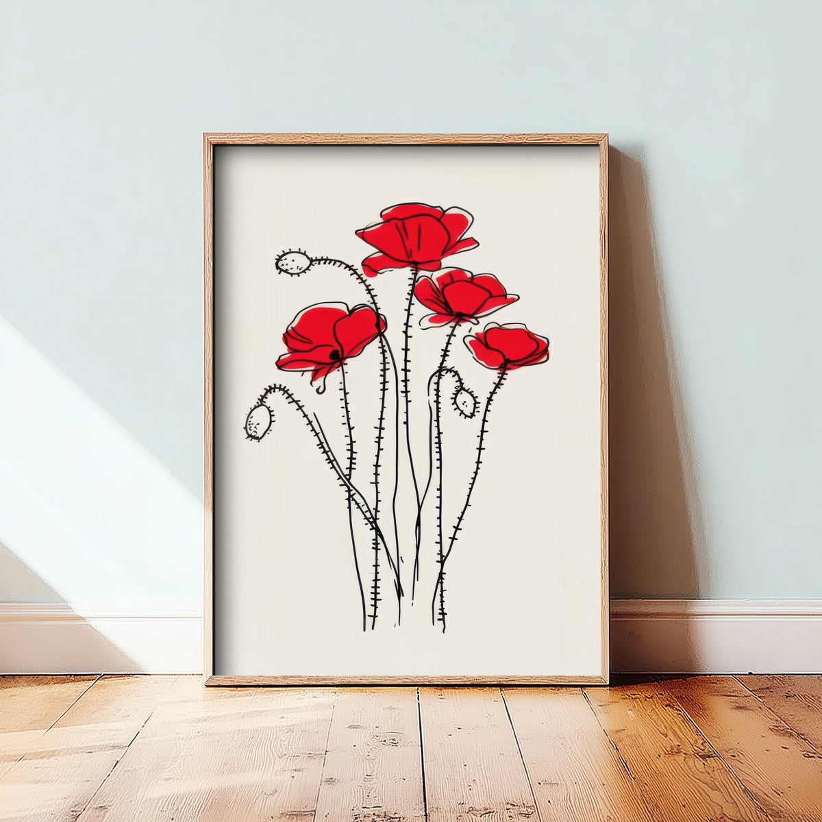 Red Poppy Art Print - Wildflower Line Drawing Poster - Remembrance Botanical Decor V1 1/3