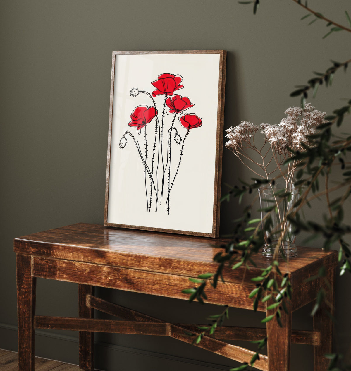 Red Poppy Art Print - Wildflower Line Drawing Poster - Remembrance Botanical Decor V1 1/3