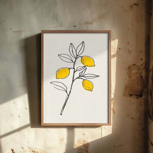 Lemon Branch Art Print - Citrus Kitchen Poster - Yellow Fruit Line Drawing V1 3/3
