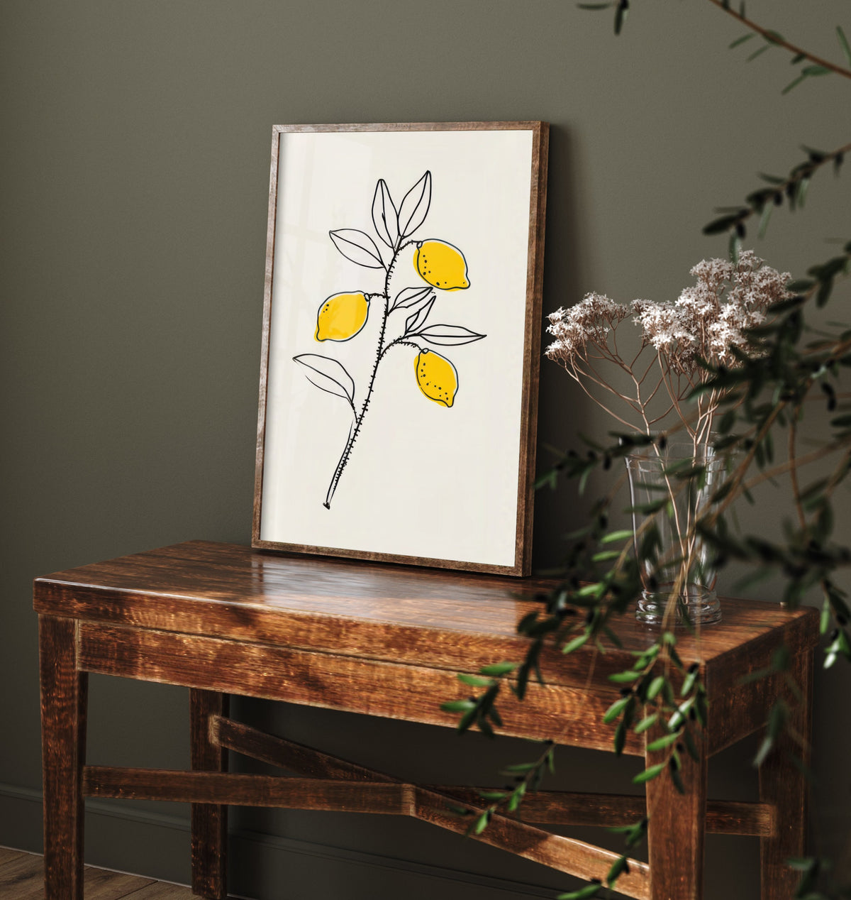 Lemon Branch Art Print - Citrus Kitchen Poster - Yellow Fruit Line Drawing V1 3/3
