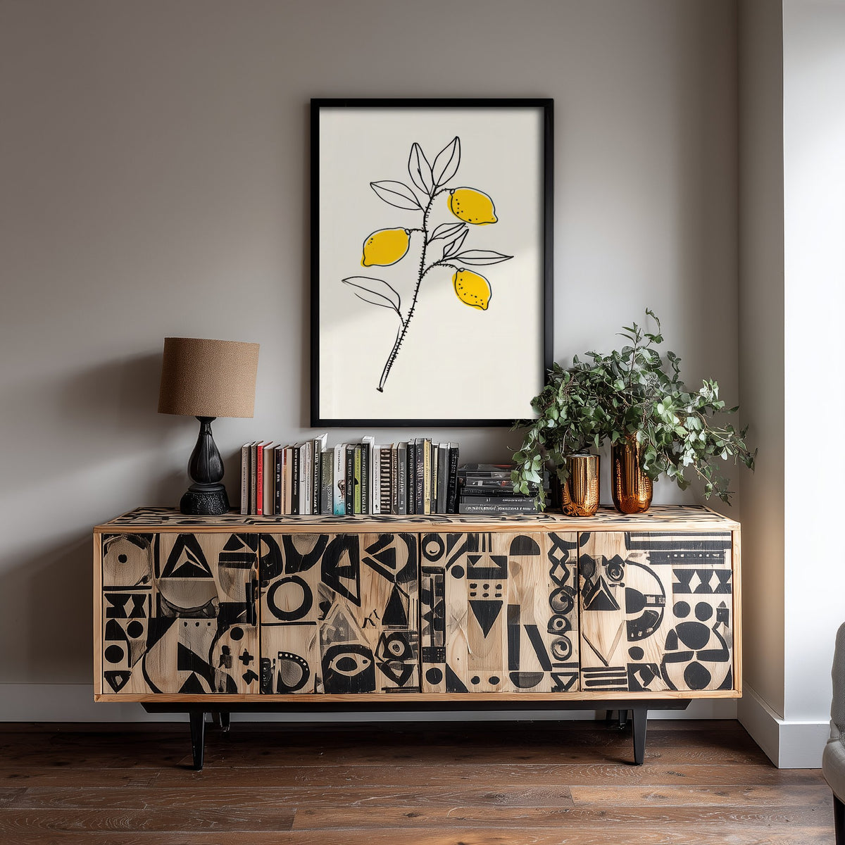 Lemon Branch Art Print - Citrus Kitchen Poster - Yellow Fruit Line Drawing V1 3/3