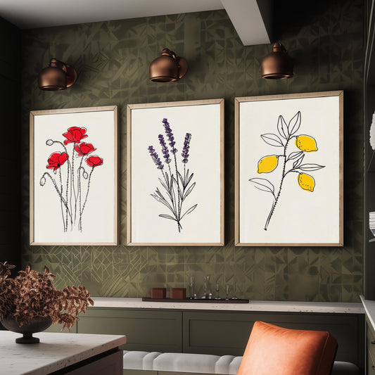 Minimalist Botanical Set of Three Art Prints - Poppy, Lavender, Lemon - Line Drawing Poster with Colour Accents V1