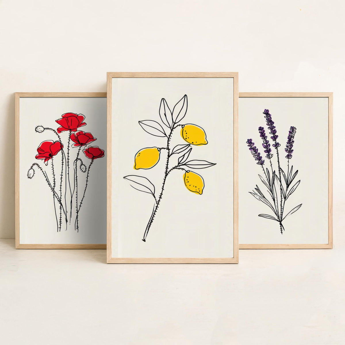 Minimalist Botanical Set of Three Art Prints - Poppy, Lavender, Lemon - Line Drawing Poster with Colour Accents V1
