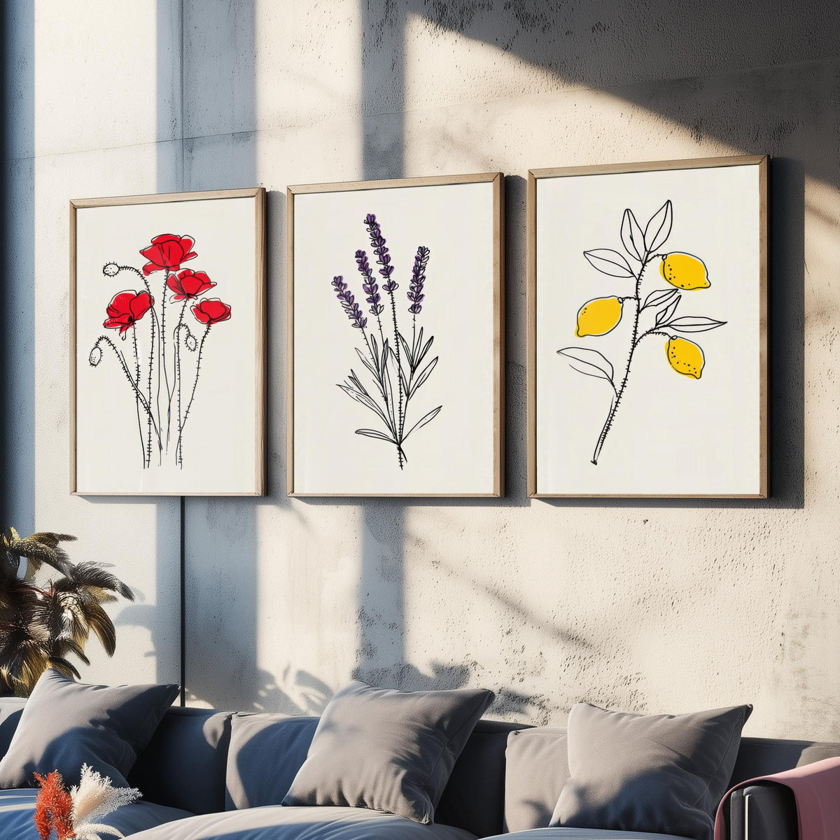 Minimalist Botanical Set of Three Art Prints - Poppy, Lavender, Lemon - Line Drawing Poster with Colour Accents V1