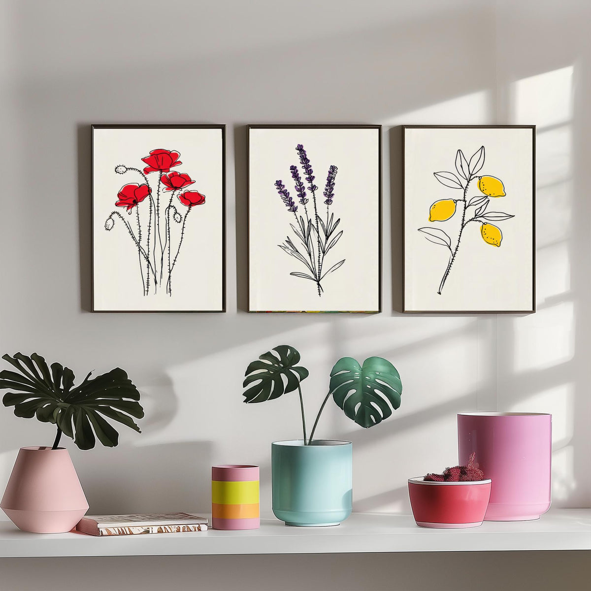 Minimalist Botanical Set of Three Art Prints - Poppy, Lavender, Lemon - Line Drawing Poster with Colour Accents V1