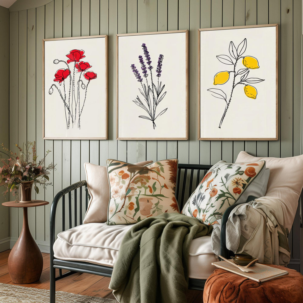 Minimalist Botanical Set of Three Art Prints - Poppy, Lavender, Lemon - Line Drawing Poster with Colour Accents V1