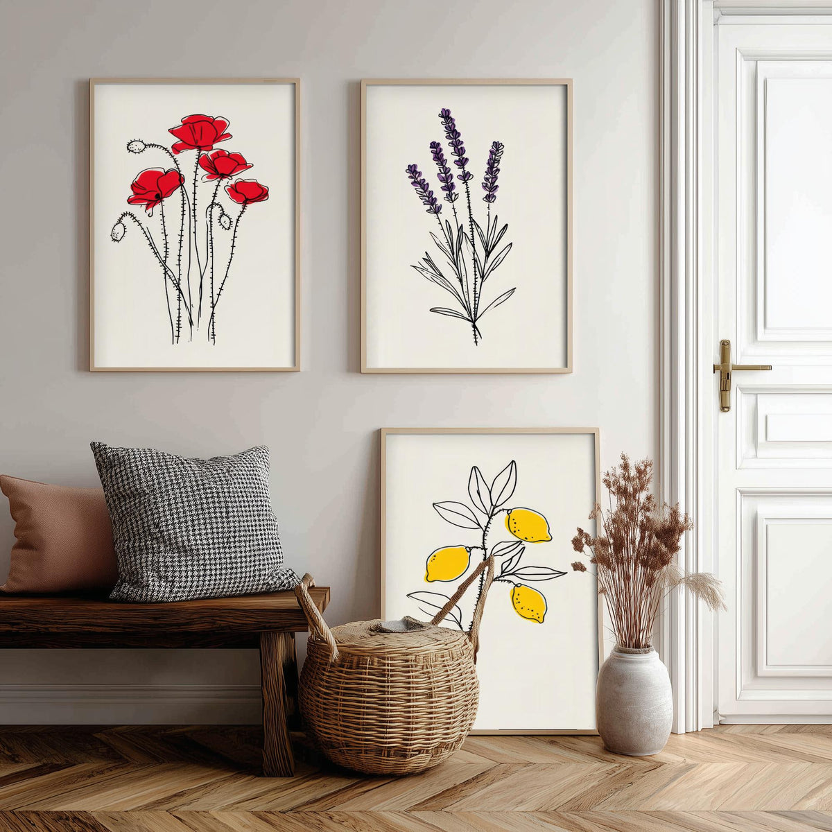 Minimalist Botanical Set of Three Art Prints - Poppy, Lavender, Lemon - Line Drawing Poster with Colour Accents V1