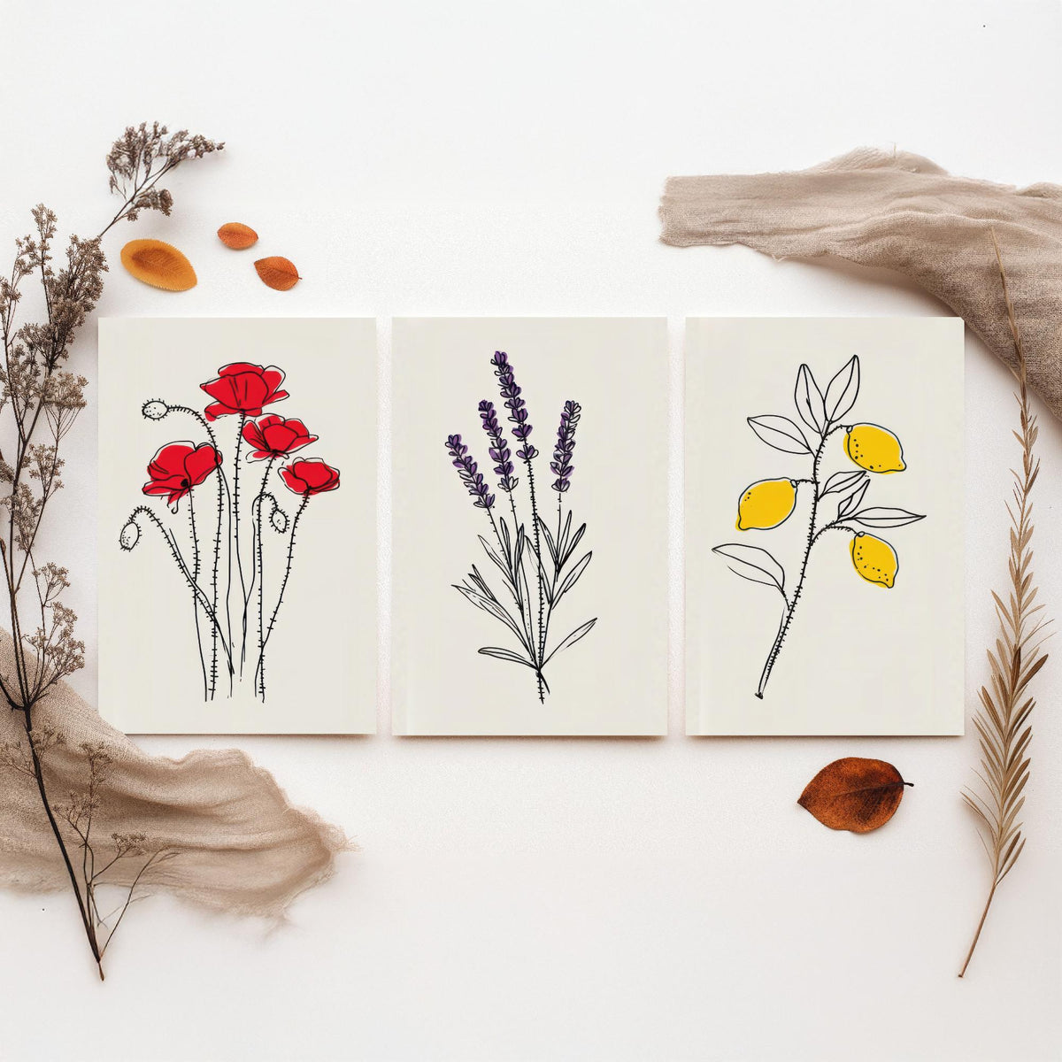 Minimalist Botanical Set of Three Art Prints - Poppy, Lavender, Lemon - Line Drawing Poster with Colour Accents V1