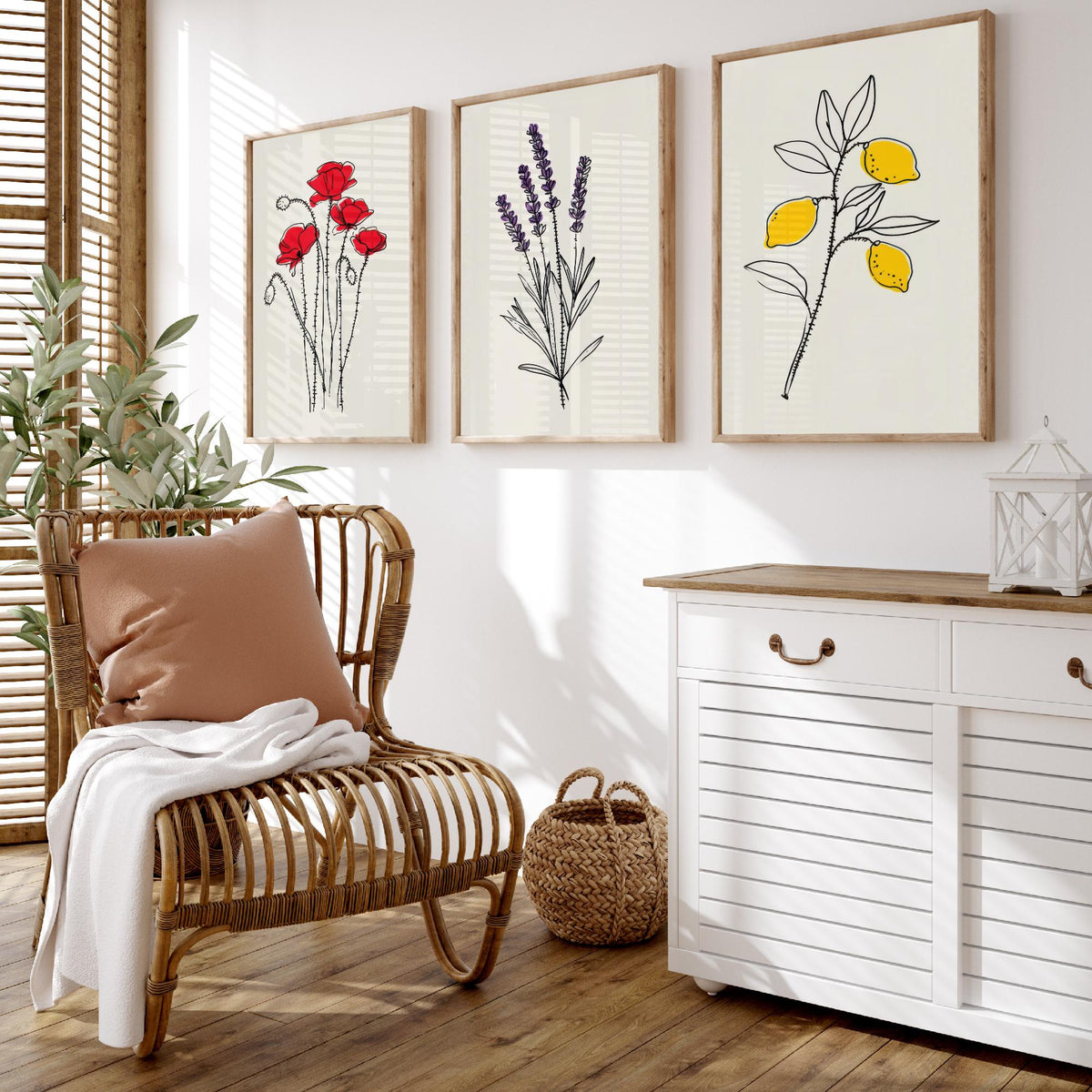 Minimalist Botanical Set of Three Art Prints - Poppy, Lavender, Lemon - Line Drawing Poster with Colour Accents V1