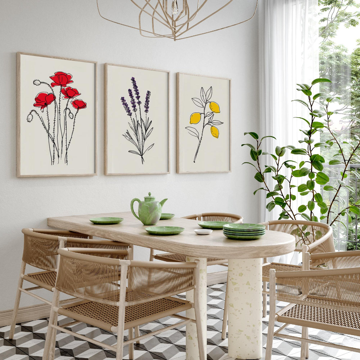 Minimalist Botanical Set of Three Art Prints - Poppy, Lavender, Lemon - Line Drawing Poster with Colour Accents V1