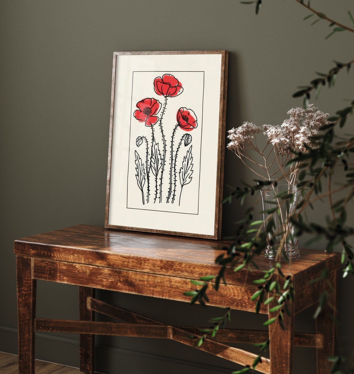 Scarlet Poppies Art Print - Cottage Garden Poster with Black Ink Border - Wildflower Drawing V3 1/3