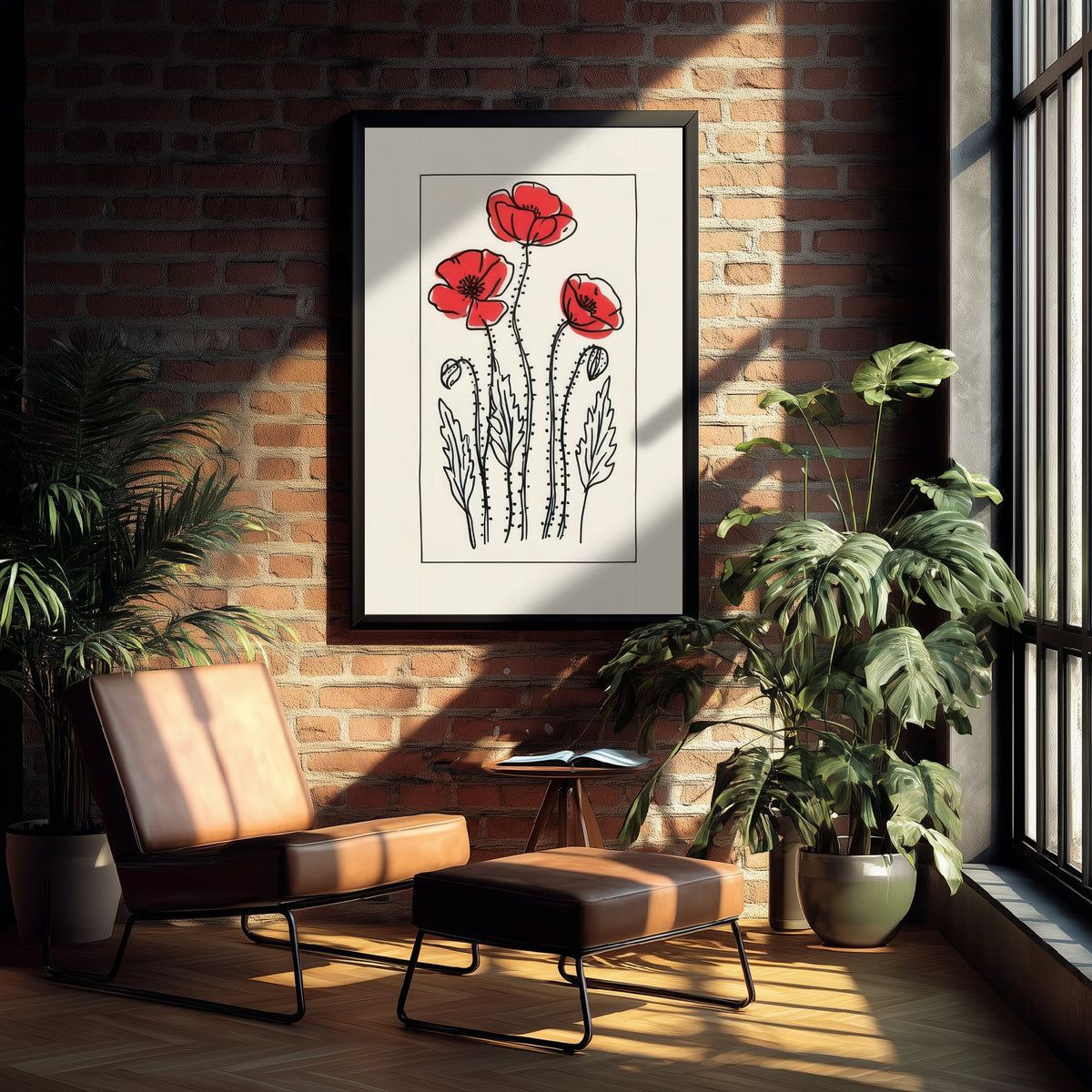 Scarlet Poppies Art Print - Cottage Garden Poster with Black Ink Border - Wildflower Drawing V3 1/3