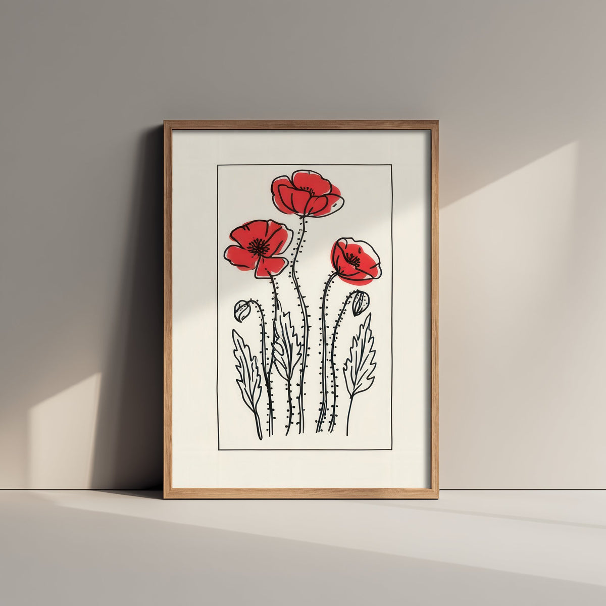 Scarlet Poppies Art Print - Cottage Garden Poster with Black Ink Border - Wildflower Drawing V3 1/3