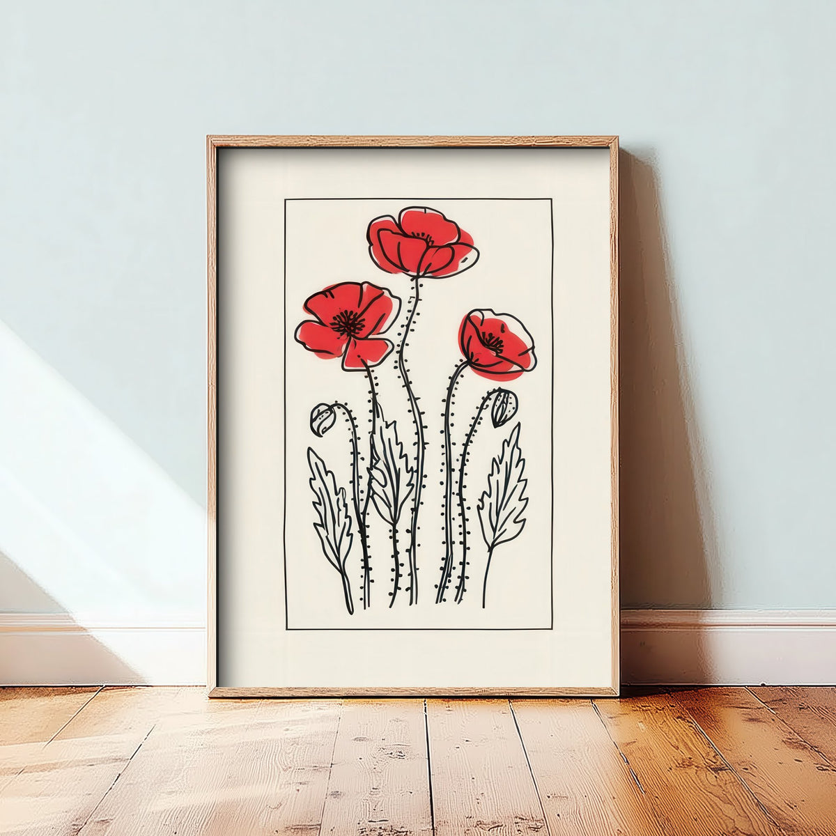Scarlet Poppies Art Print - Cottage Garden Poster with Black Ink Border - Wildflower Drawing V3 1/3
