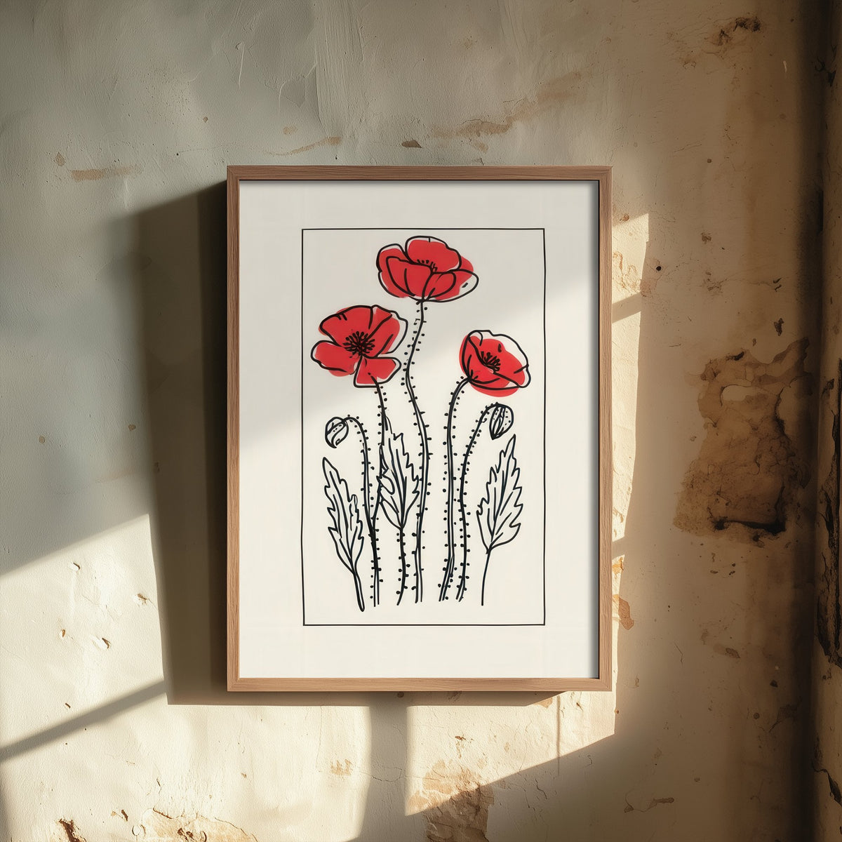 Scarlet Poppies Art Print - Cottage Garden Poster with Black Ink Border - Wildflower Drawing V3 1/3