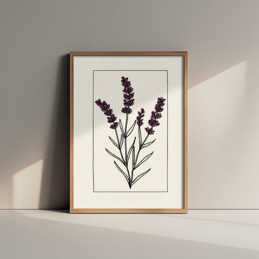 Lavender Art Print - Deep Purple Herb Poster - Bordered Botanical Line Drawing V3 2/3