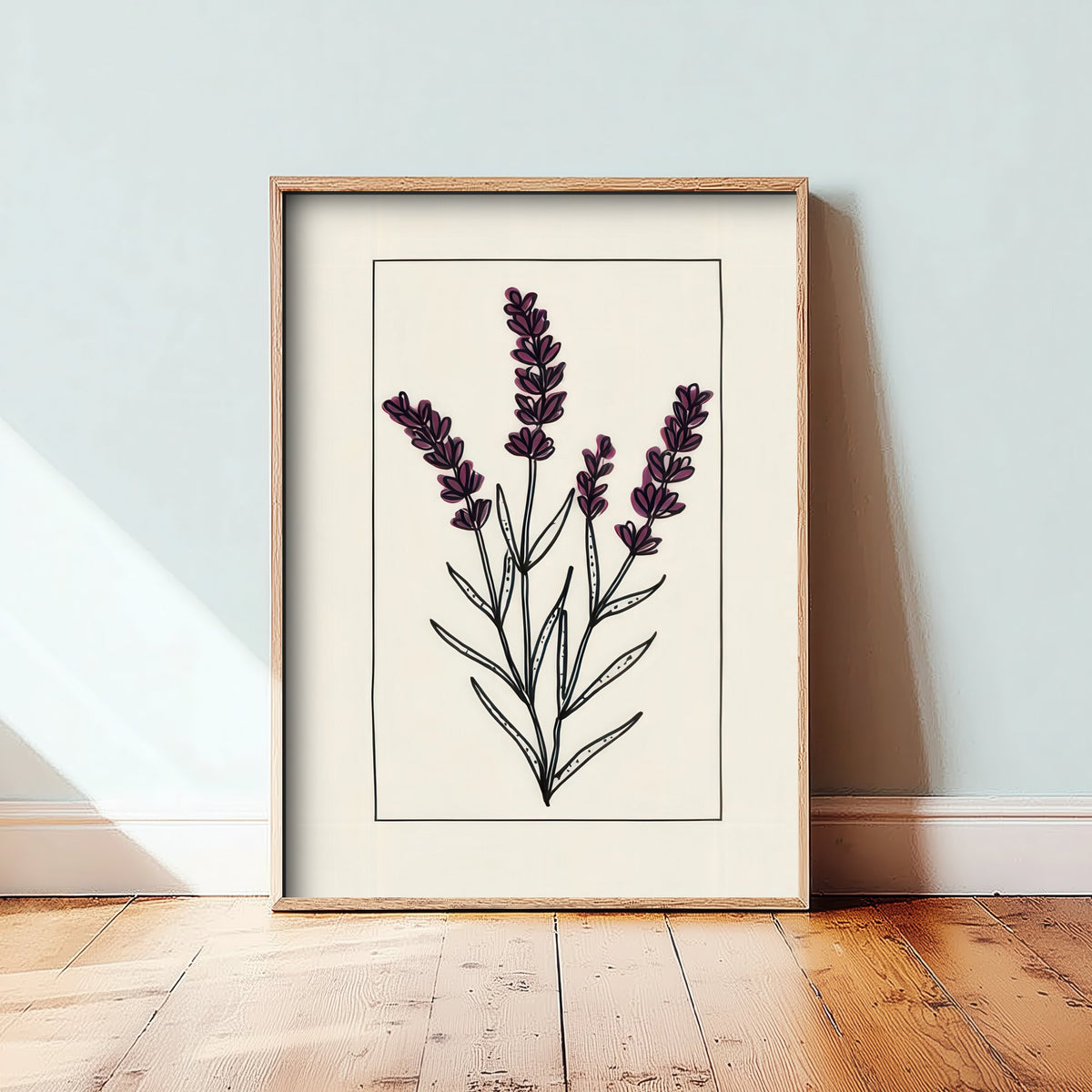 Lavender Art Print - Deep Purple Herb Poster - Bordered Botanical Line Drawing V3 2/3