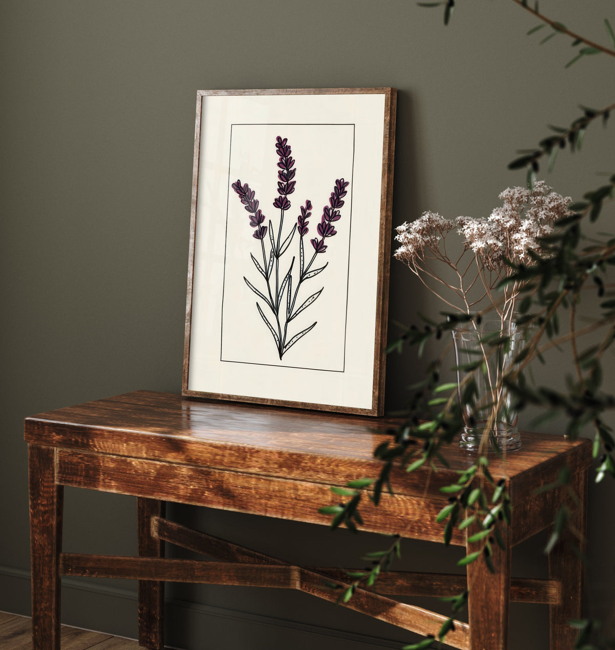Lavender Art Print - Deep Purple Herb Poster - Bordered Botanical Line Drawing V3 2/3