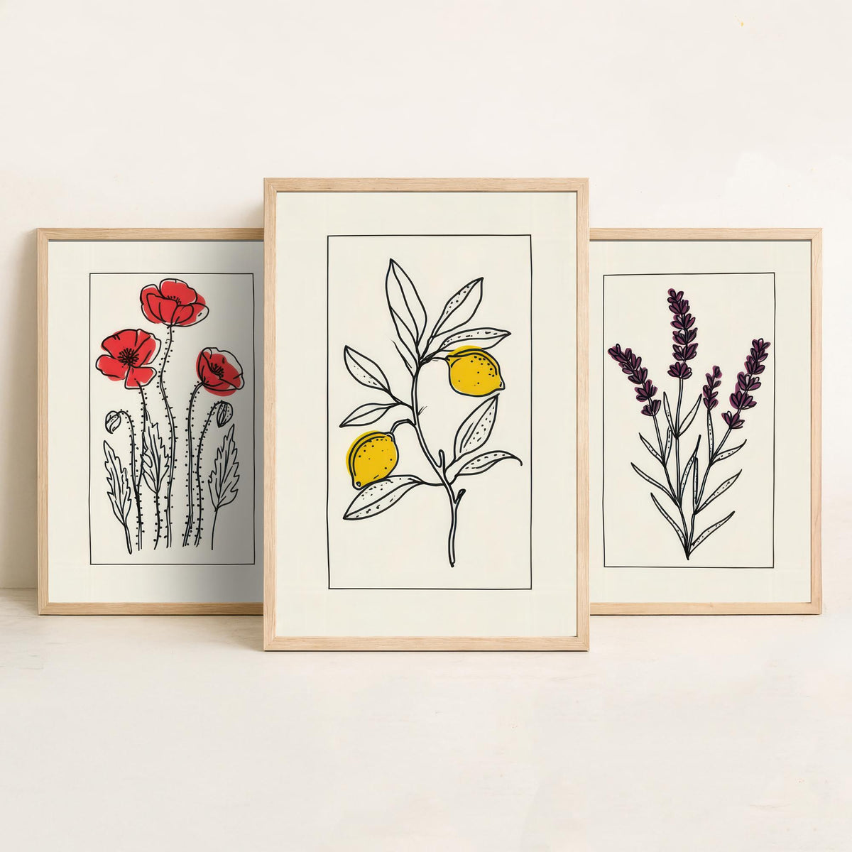 Minimalist Botanical Set of Three Art Prints - Red Poppies, Lavender, Lemons - Bordered Line Drawing Poster V3