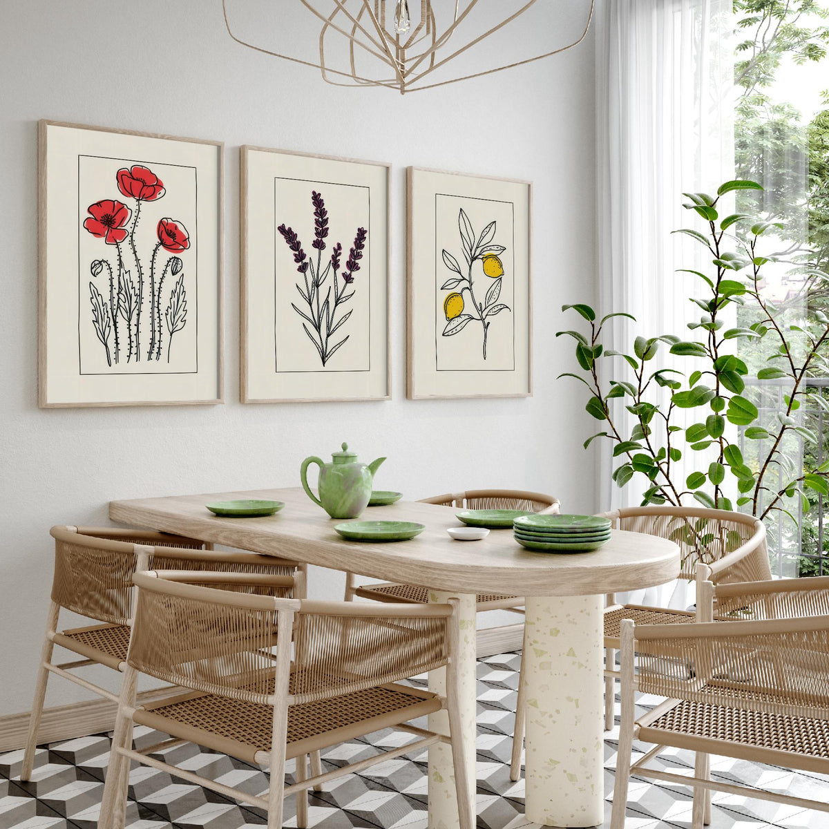 Minimalist Botanical Set of Three Art Prints - Red Poppies, Lavender, Lemons - Bordered Line Drawing Poster V3