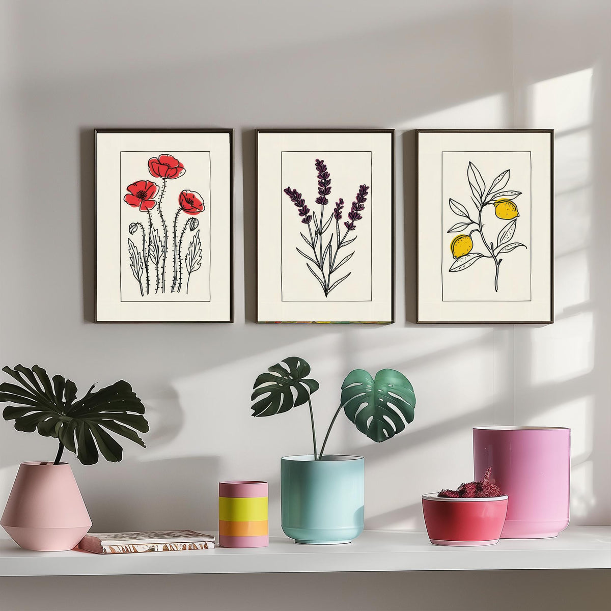 Minimalist Botanical Set of Three Art Prints - Red Poppies, Lavender, Lemons - Bordered Line Drawing Poster V3