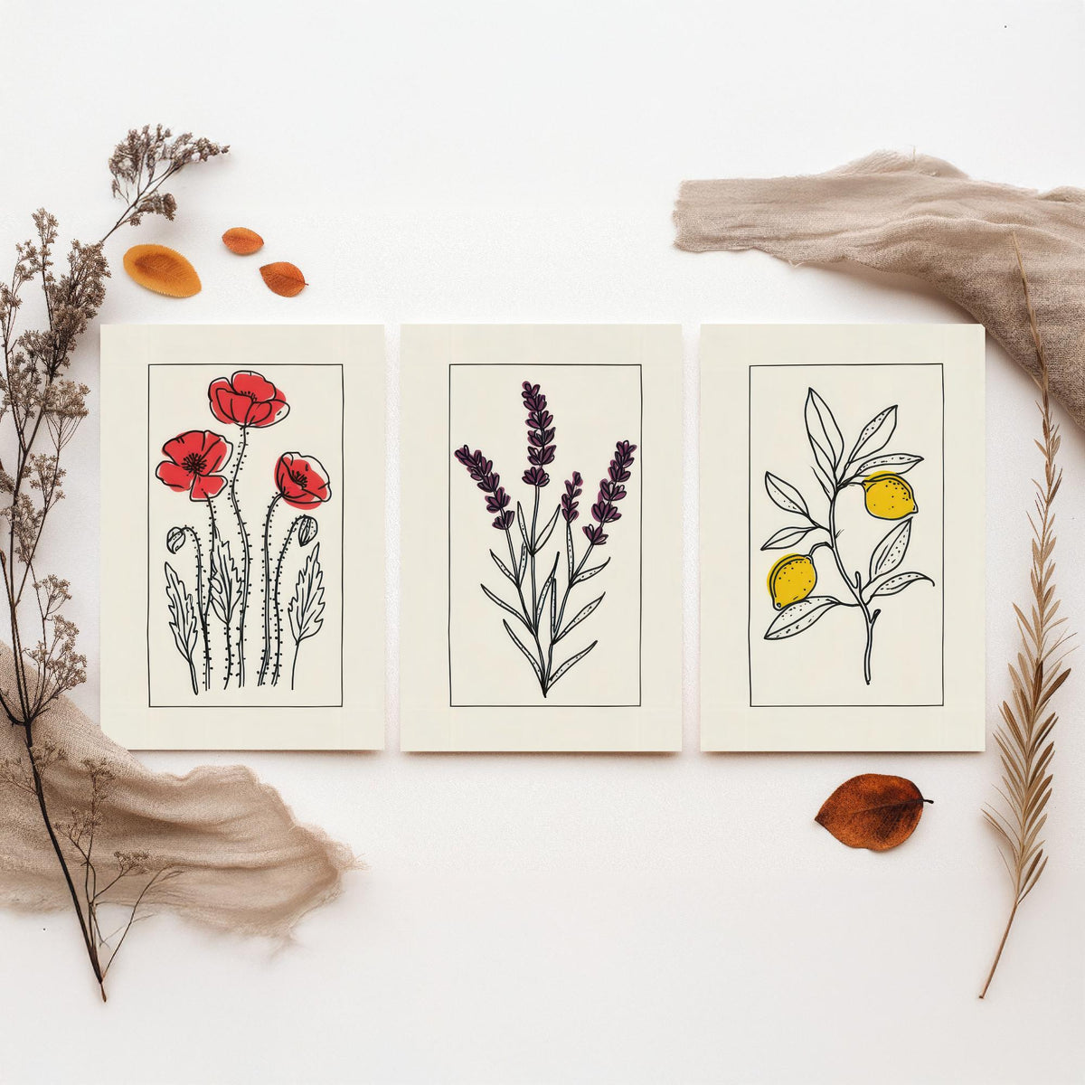 Minimalist Botanical Set of Three Art Prints - Red Poppies, Lavender, Lemons - Bordered Line Drawing Poster V3