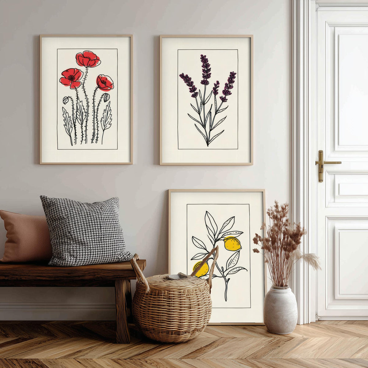 Minimalist Botanical Set of Three Art Prints - Red Poppies, Lavender, Lemons - Bordered Line Drawing Poster V3
