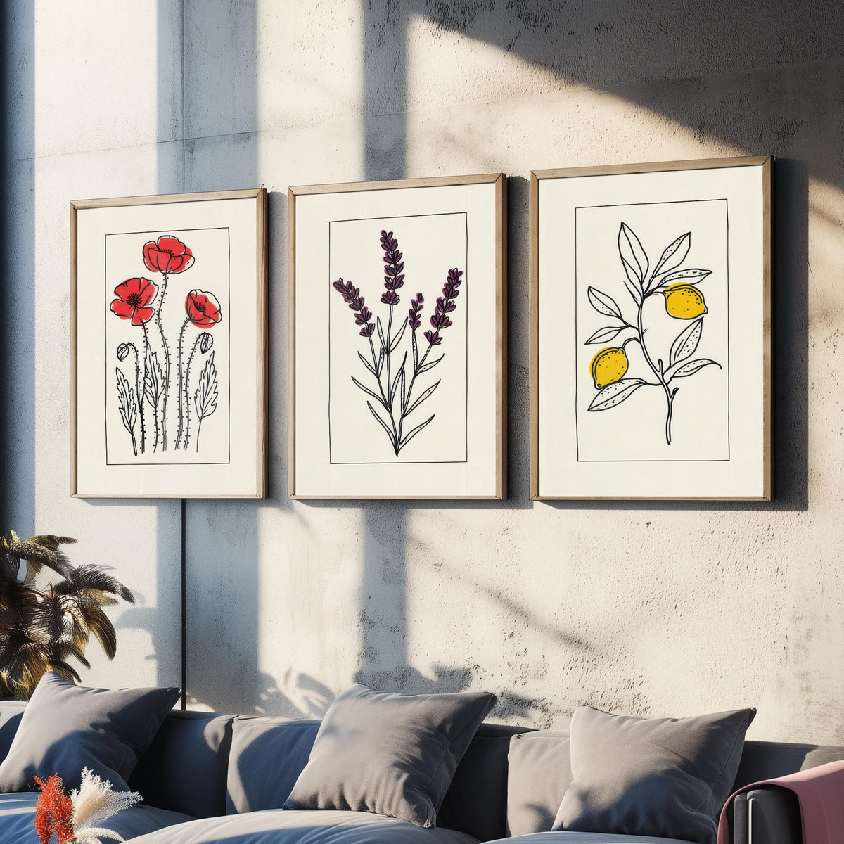 Minimalist Botanical Set of Three Art Prints - Red Poppies, Lavender, Lemons - Bordered Line Drawing Poster V3