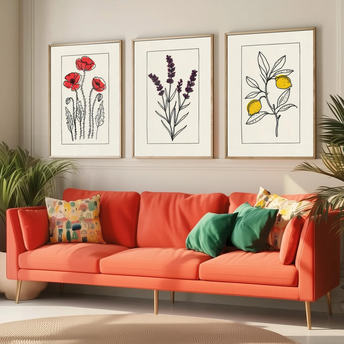 Minimalist Botanical Set of Three Art Prints - Red Poppies, Lavender, Lemons - Bordered Line Drawing Poster V3
