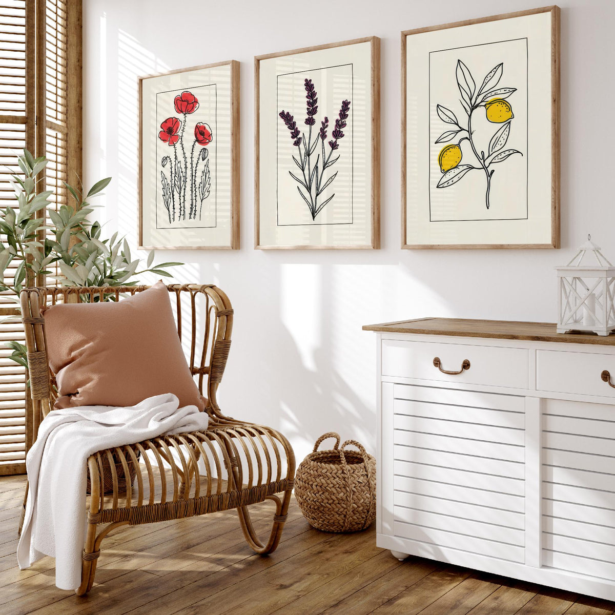 Minimalist Botanical Set of Three Art Prints - Red Poppies, Lavender, Lemons - Bordered Line Drawing Poster V3