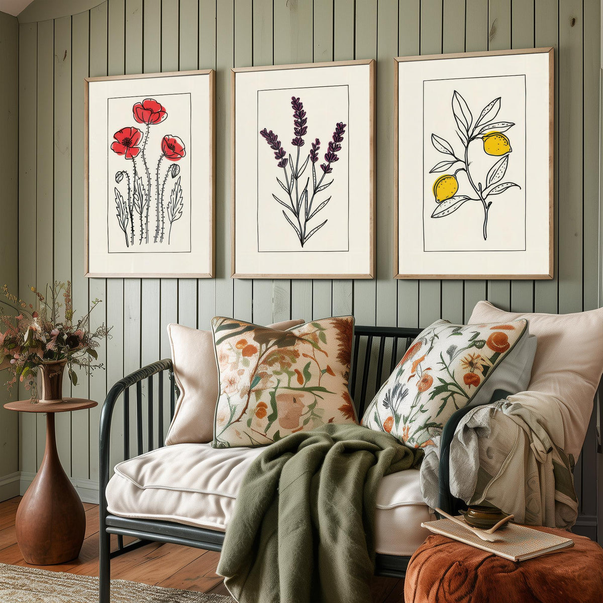 Minimalist Botanical Set of Three Art Prints - Red Poppies, Lavender, Lemons - Bordered Line Drawing Poster V3