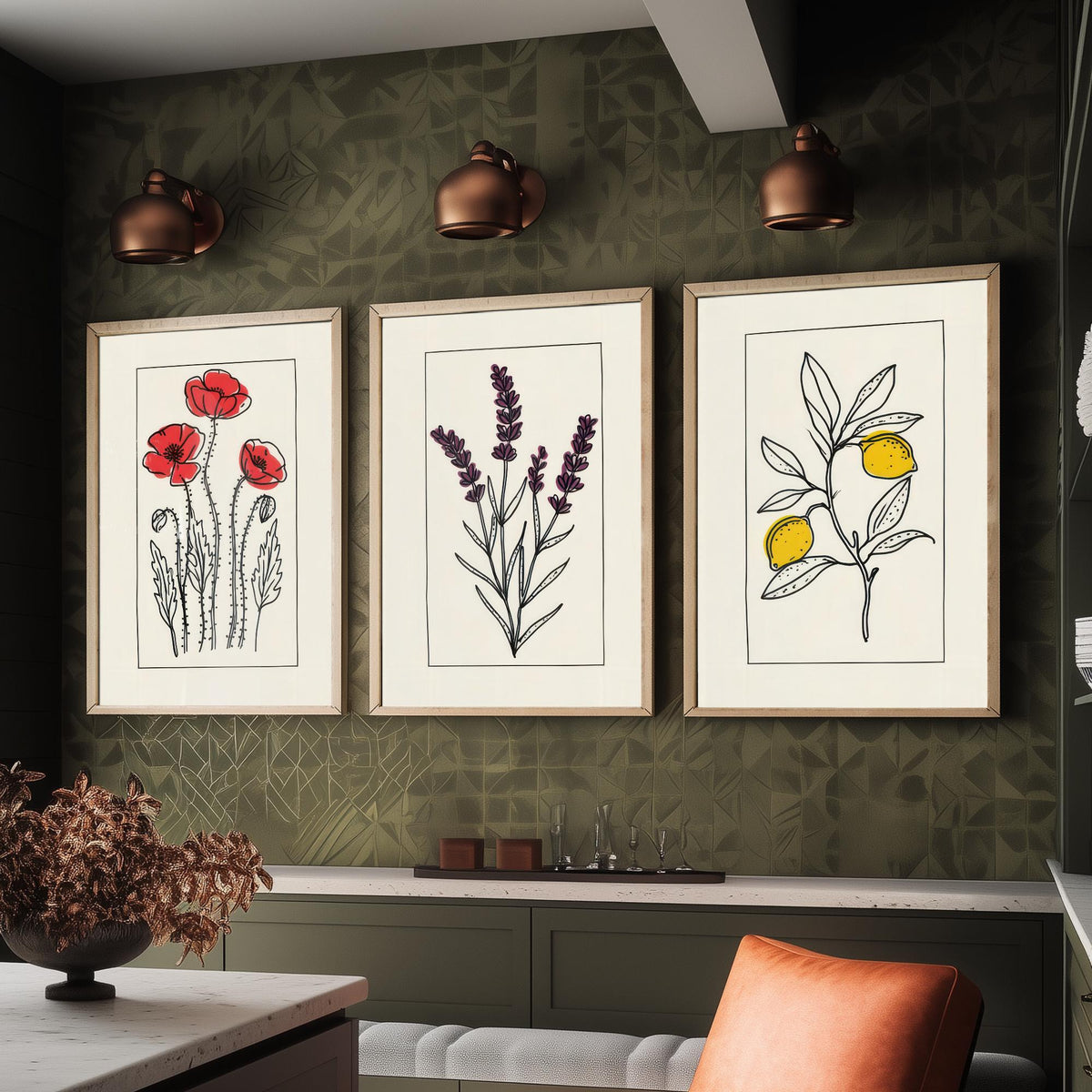 Minimalist Botanical Set of Three Art Prints - Red Poppies, Lavender, Lemons - Bordered Line Drawing Poster V3