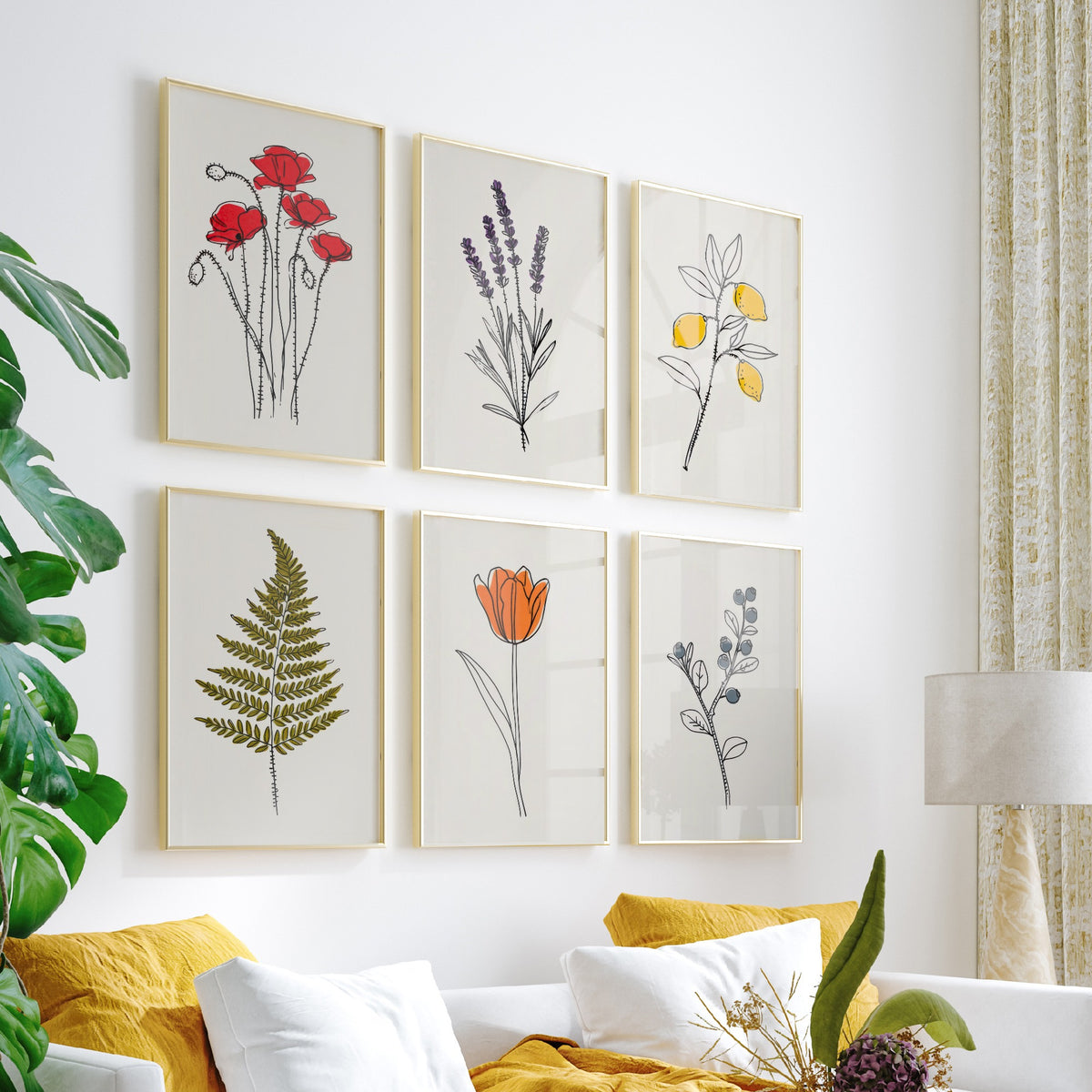 Set of Six Minimalist Line Botanical Art Prints - 6 Pop of Colour Flower Posters - Poppy, Lavender, Lemon, Fern, Tulip, Blueberry Drawing V1