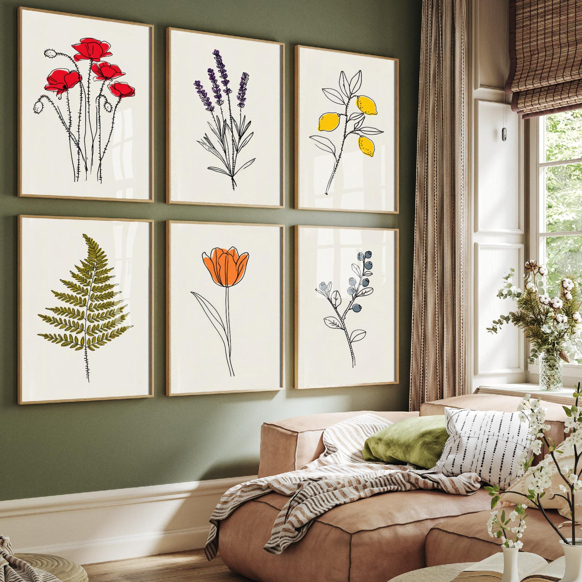 Set of Six Minimalist Line Botanical Art Prints - 6 Pop of Colour Flower Posters - Poppy, Lavender, Lemon, Fern, Tulip, Blueberry Drawing V1